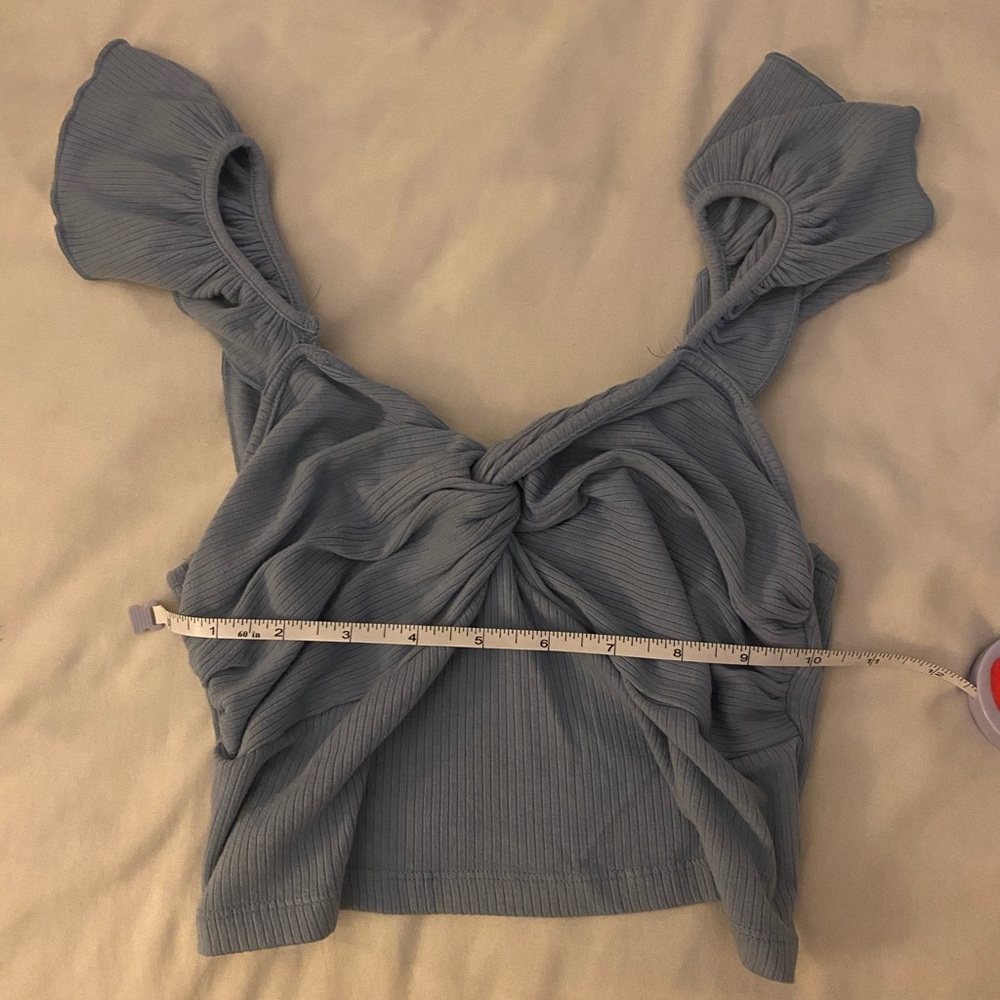 Blue Twist Ruffle Sleeve Crop Top